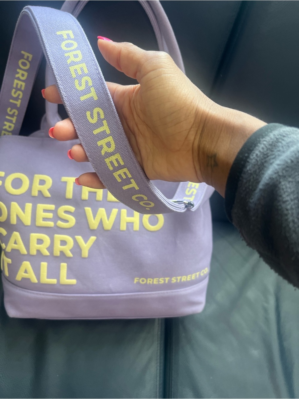 Forest Street Lavender Canvas Tote Bag with Yellow Lettering - Picture 3 of 5
